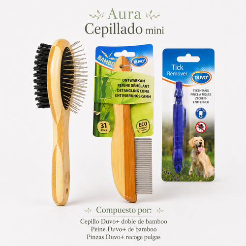 Pack Aura Cepillado Mini con cepillo doble Duvo tamaño S, peine con mango de bambú y pinza quita garrapatas Duvo