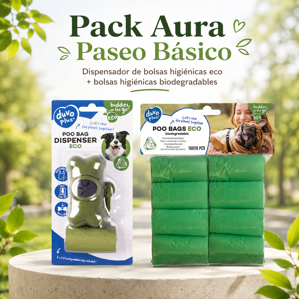 Pack Aura Paseo Básico con Duvo+ Dispensador de bolsas higiénicas Eco y bolsas biodegradables