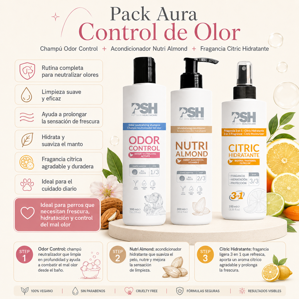 Pack Aura Control de Olor con productos PSH para perros que necesitan frescura y ayuda contra el mal olor