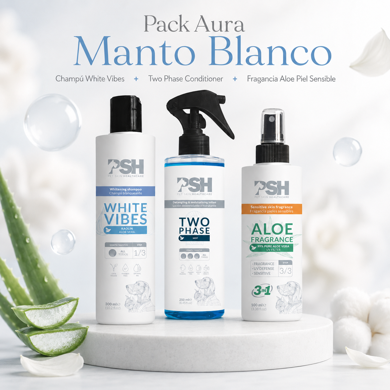 Pack Aura Manto Blanco con productos PSH para perros de pelaje blanco o claro
