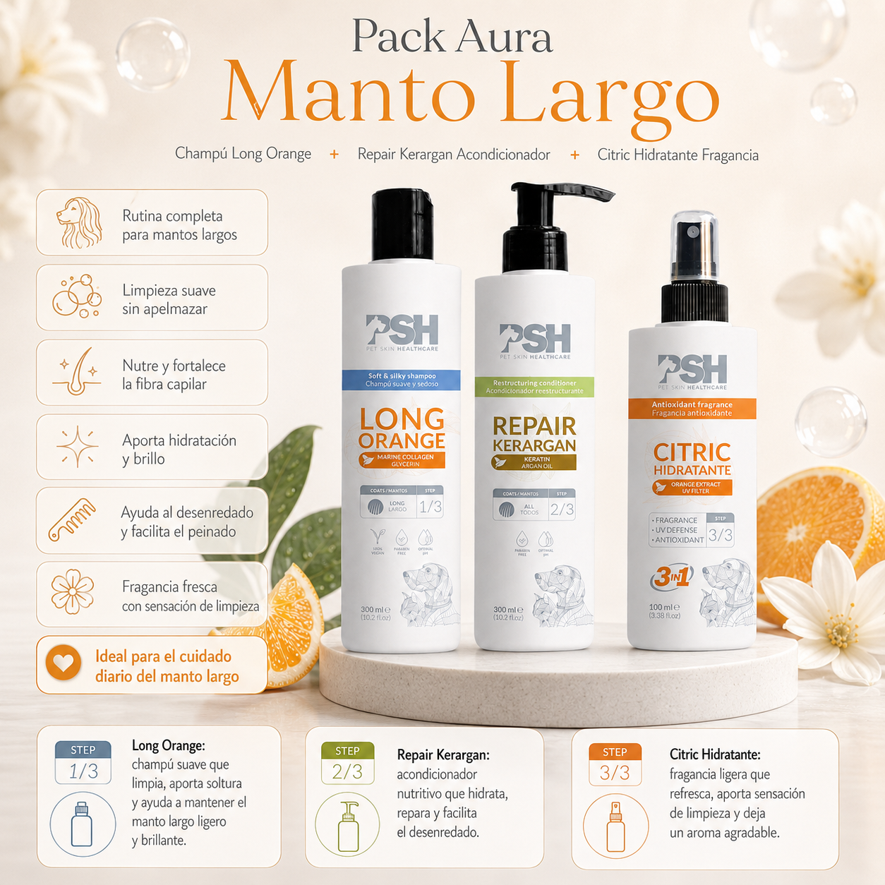 Pack Aura Manto Largo con champú, acondicionador y fragancia PSH para perros de pelo largo