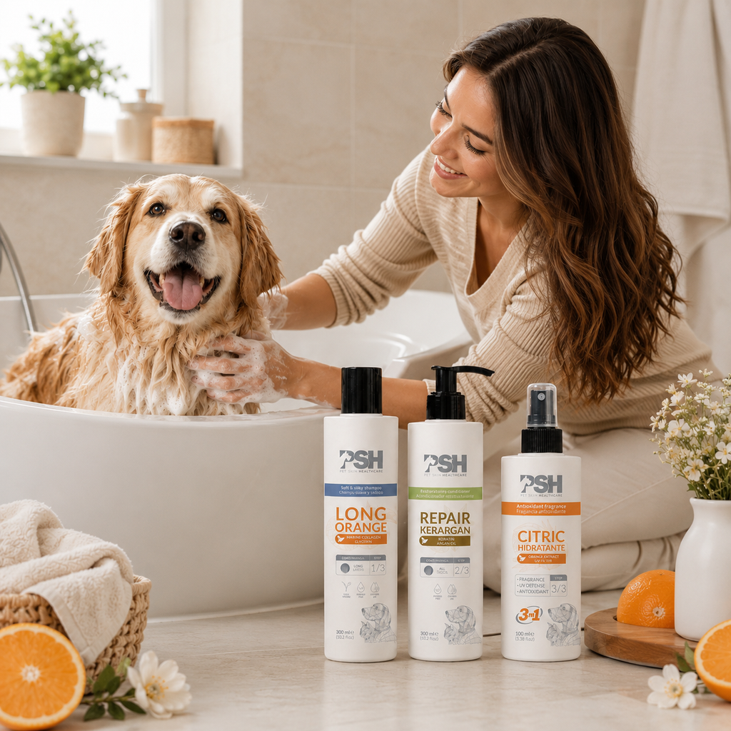 Pack Aura Manto Largo con champú, acondicionador y fragancia PSH para perros de pelo largo