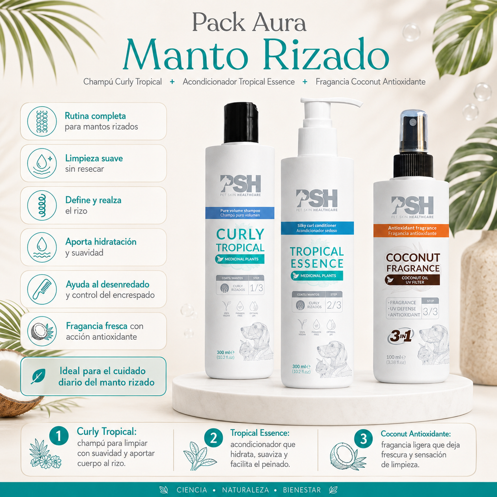 Pack Aura Manto Rizado con productos PSH para perros de pelo rizado, ondulado o con textura